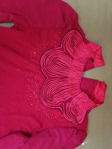 Chic Red Embellished Long-Sleeve Top