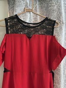 Red Cold Shoulder Lace Trim Maxi Dress