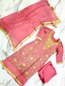zardozi Embroidered carrot pink Kurta shalwar Set