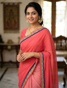 Pink Coral Saree with Royal Blue &amp; Gold Border