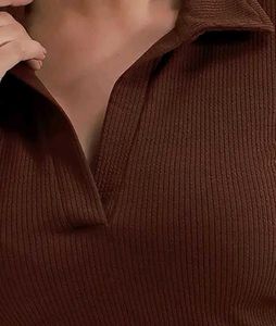 Brown Ribbed Polo Neck Top