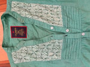 Blue Lace Detail Button-Up Top