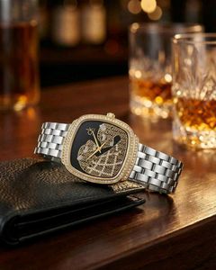 Elegant Square Dial Watch with Crystal Bezel
