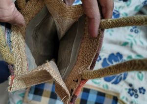Set of 2 ~  Plaid Jute Pouches/ Water Bottle Bags