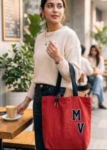"MV" Classic Varsity Style Dual Handle Tote Bag