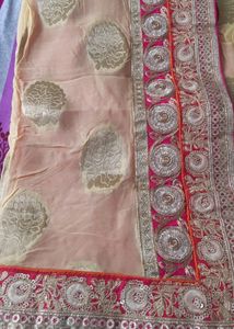 Heavy Cream And Red Color Combination Saree