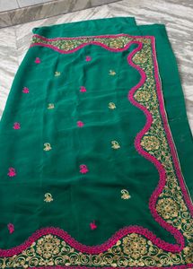 Emerald Green Embroidered Saree(no blouse)