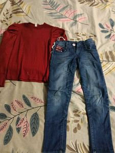 Chic Red Top &amp; Blue Jeans Set