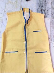Yellow Nehru Jacket with Blue Trim