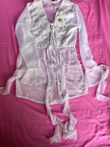 Sheer White Ruffle Tie-Front Top