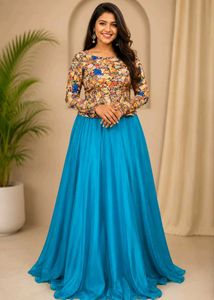 Floral Top & Blue Skirt Set