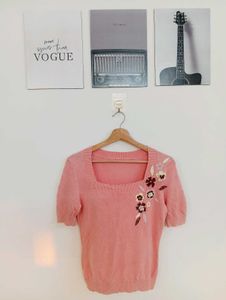 Chic Pink Floral Embroidered Square Neck Top