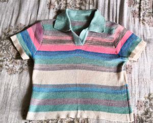 Striped Knit Polo Top