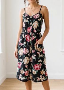 Black floral A-line Dress with Pockets