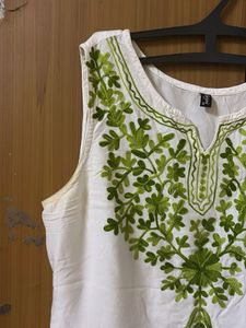 White Kurta with Green Embroidery