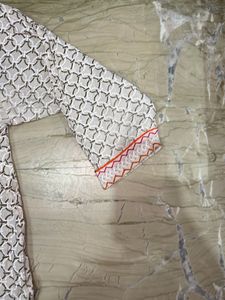White Printed Kurta with Red Embroidery
