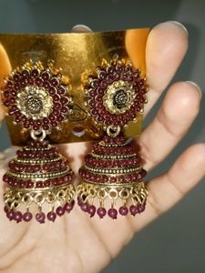 Maroon & Gold Jhumka Earrings