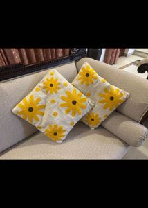Embroidered Yellow Flower Cushion Cover- Set of 2