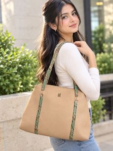 Stylish Beige Tote Bag with Green Accents