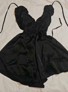 Black Satin Ruffle Babydoll Dress