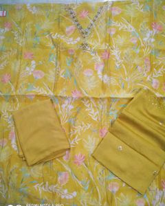 Yellow modal silk handwork suit with  muslin d