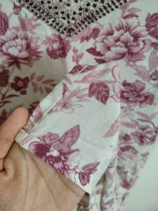 Floral Print Kurta with Embellished Neckline