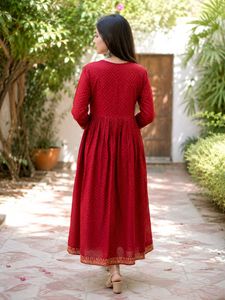 New naira cut Red Printed Kurta with  Embroide