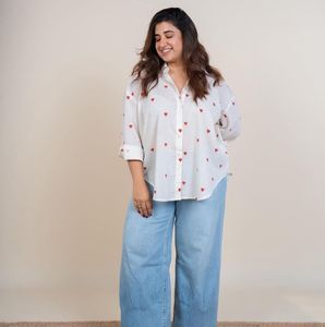 Chic White Heart Print Button-Up Shirt