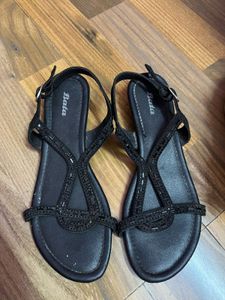 Bata Black Embellished Flat Sandals