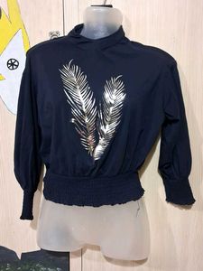 navy blue feathres metalic top
