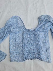 Blue Floral Print Bell Sleeve Top