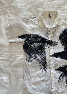 Men's White Crow Print Short Sleeve Shirt