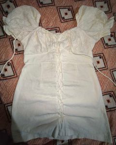 Cream Eyelet Lace-Up Mini Dress