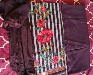 unstitched wine cotton suit with chiffon duppata
