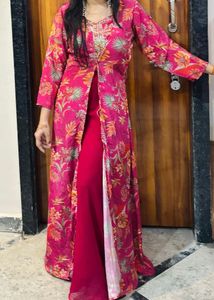Dark pink printed silk jacket style plazzo suit