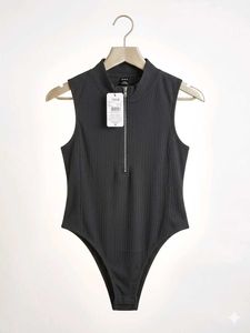 Ribbed  Black Zipper Bodysuit