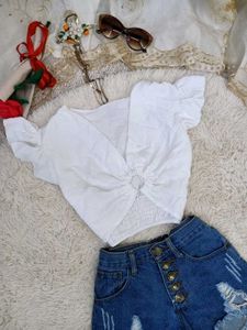 Chic White V-Neck Ring Detail Top