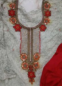Embroidered Grey Kurta with Red Pants Set