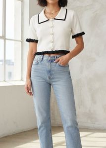 White Cropped Cardigan with Black Trim