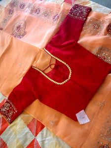 Beautiful Peach Saree with Red Blouse