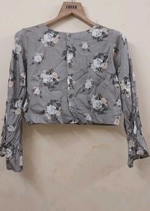 Grey Floral Bell Sleeve Crop Top