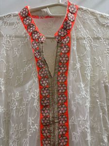 Elegant White Lace Kurta with Orange Embroidery