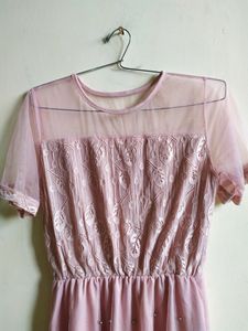 Romantic Pink Mesh & Embroidered Midi Dress