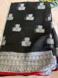 Elegant Black Saree with Silver Motifs