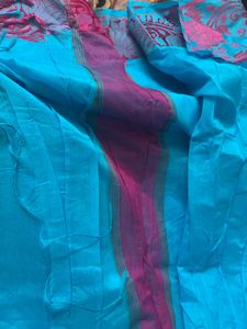 Blue Saree with Pink Floral Border without blouse
