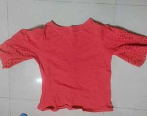 Coral Pink Top with Flared Sleeves