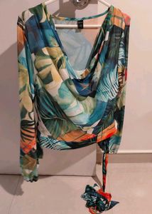 Tropical Print Sheer Wrap Top