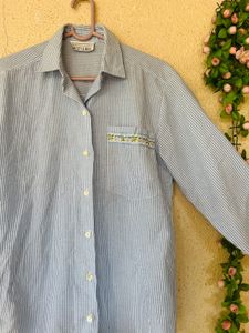 Striped Button-Up Shirt with Floral Embroidery