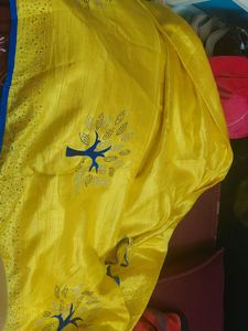 Yellow Silk Saree with Blue Tree Design