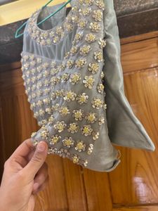 Pearls Detailing Grey Crop Top And Skirt